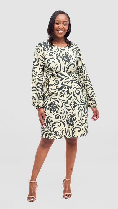 Vivo Zawadi Shift Dress - Cream / Hunters Print - Shopzetu