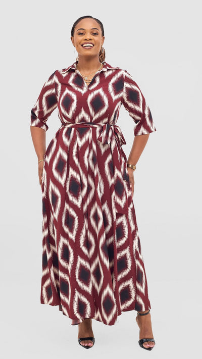 Vivo Yumi Maxi Shirt Dress - Cream / Burgundy Rumi Print - Shopzetu