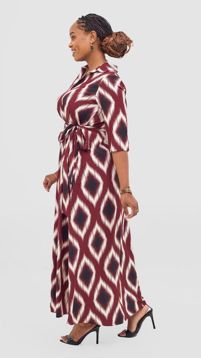 Vivo Yumi Maxi Shirt Dress - Cream / Burgundy Rumi Print - Shopzetu
