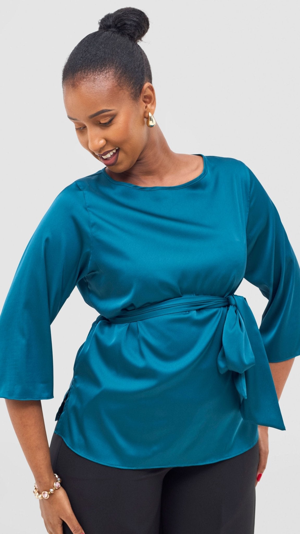 Vivo Takali 3/4 Sleeve Tie Top - Dark Teal - Shopzetu