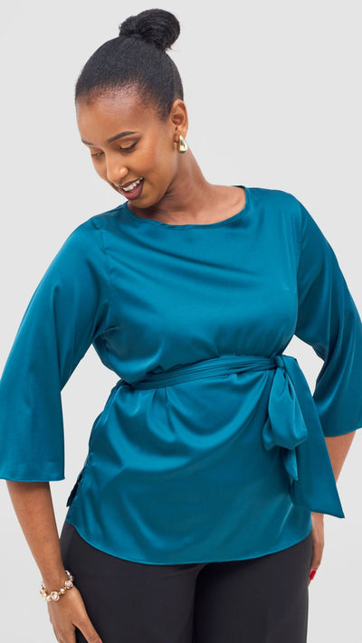 Vivo Takali 3/4 Sleeve Tie Top - Dark Teal - Shopzetu