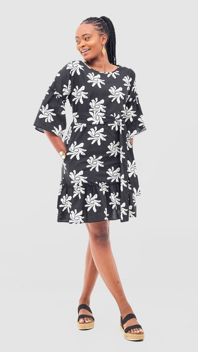 Safari Naledi Flounce Tent Dress - Black / White Nale Print - Shopzetu