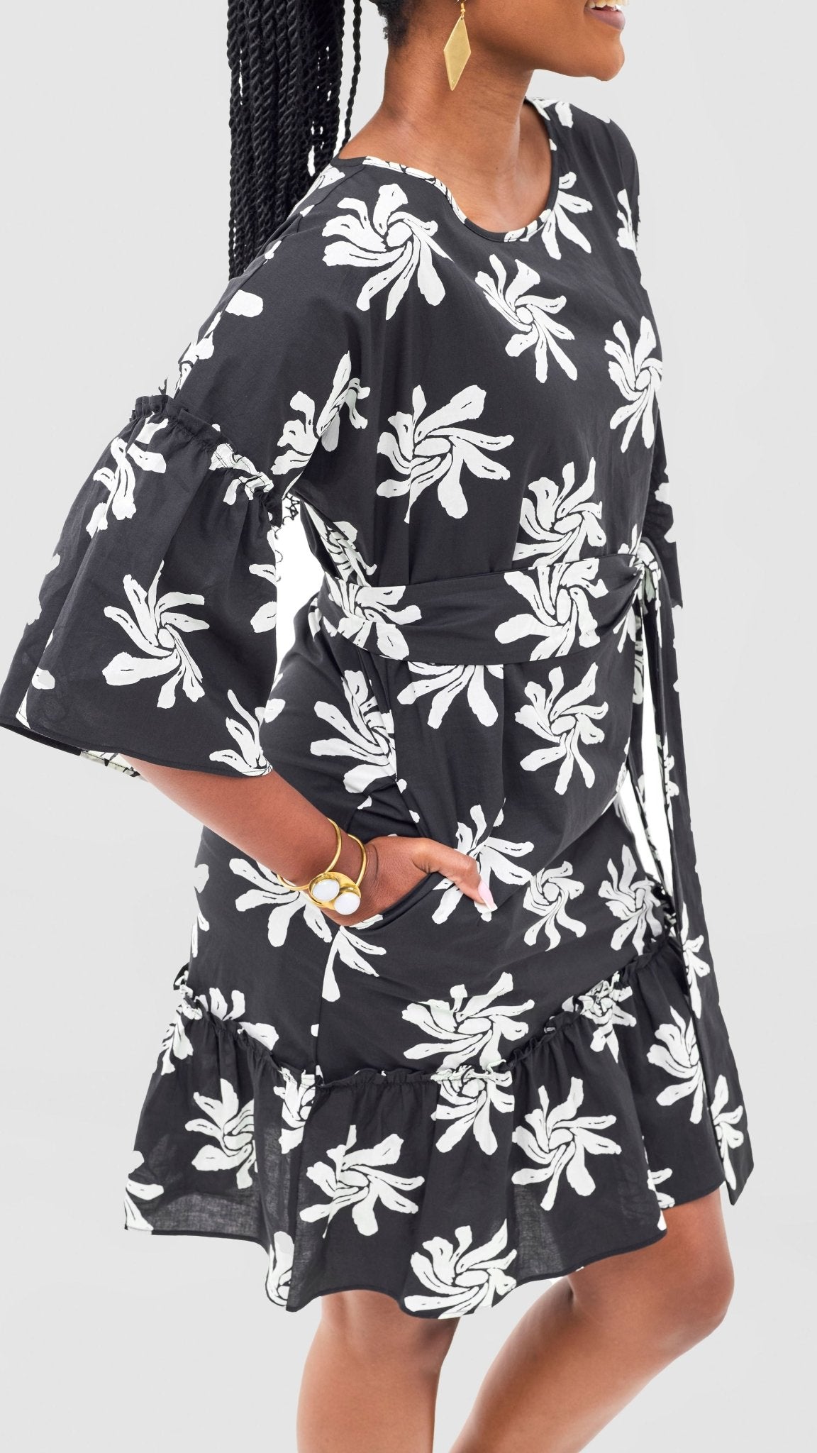Safari Naledi Flounce Tent Dress - Black / White Nale Print - Shopzetu
