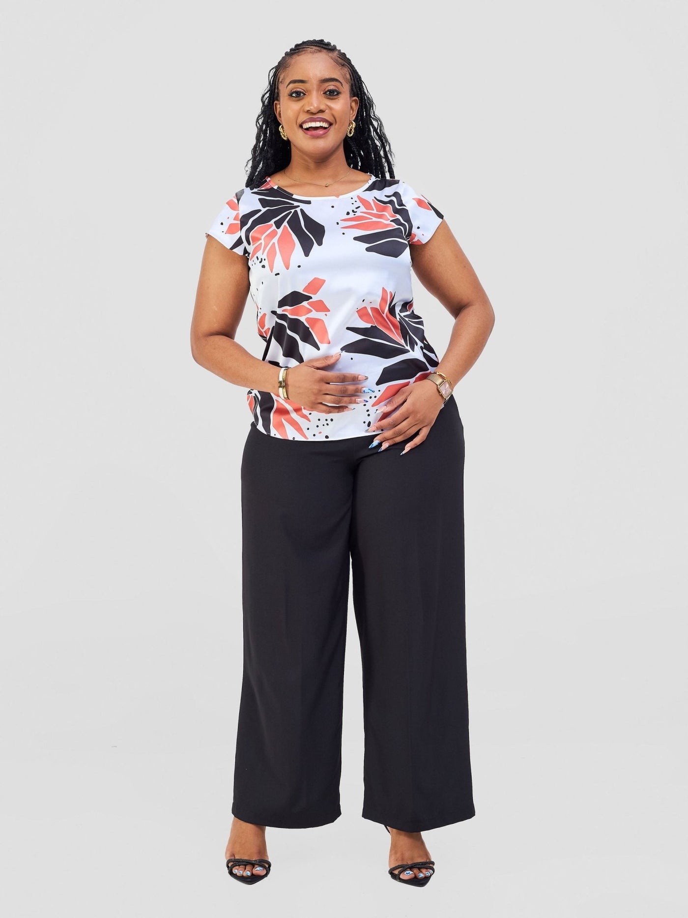 Vivo Basic Satin Cap Sleeve Top - White / Orange Tullu Print - Shopzetu