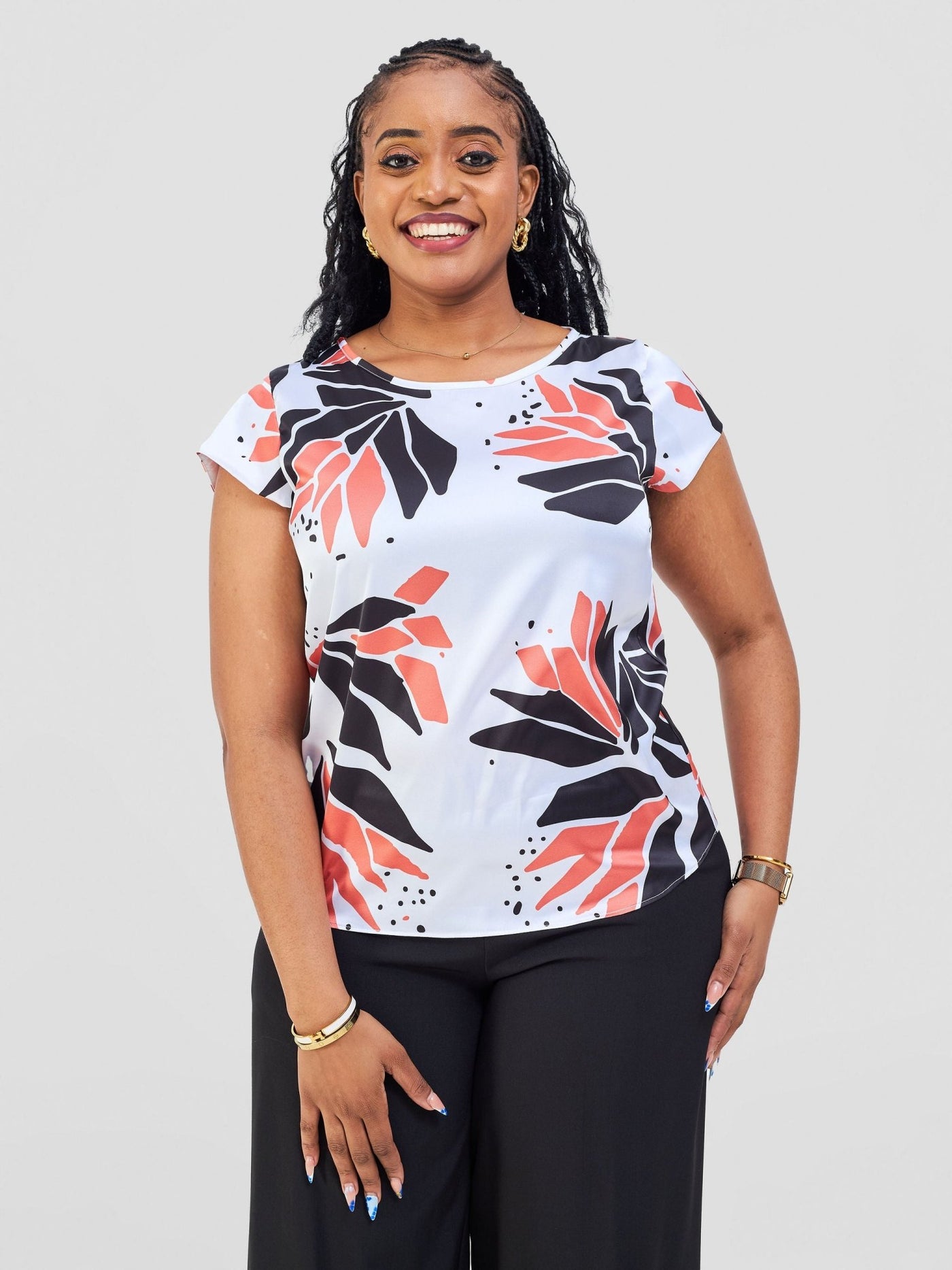 Vivo Basic Satin Cap Sleeve Top - White / Orange Tullu Print - Shopzetu