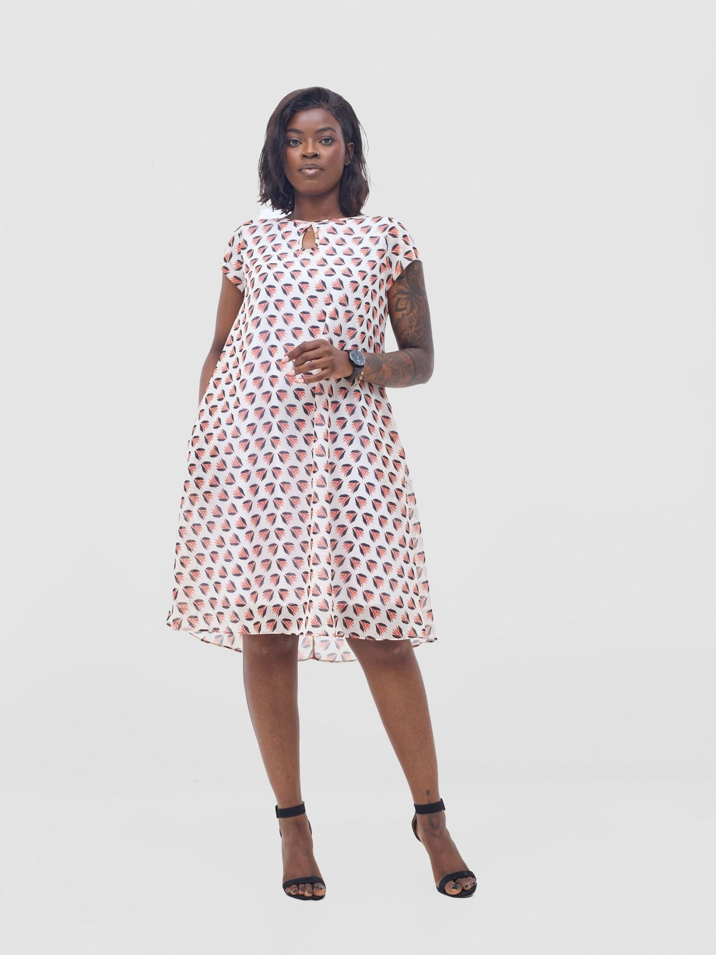 Vivo Sierra Cap Sleeve Tent Chiffon Dress - Orange / Black Ullu Print - Shopzetu