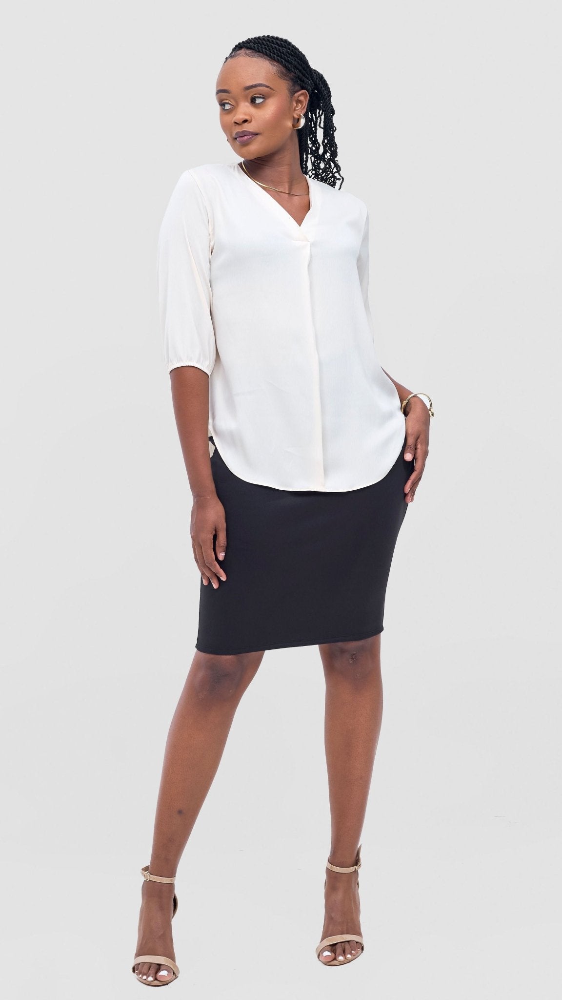 Vivo Dua 3/4 Sleeved V Neck Shirt - Buttermilk - Shopzetu