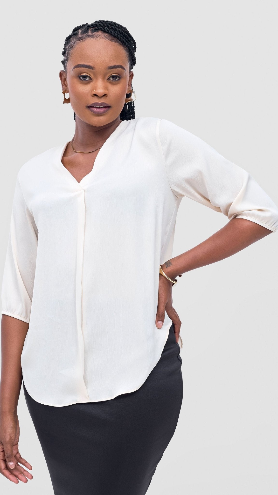 Vivo Dua 3/4 Sleeved V Neck Shirt - Buttermilk - Shopzetu