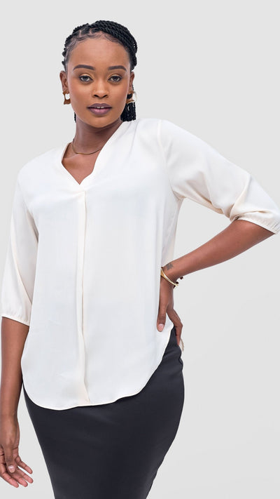 Vivo Dua 3/4 Sleeved V Neck Shirt - Buttermilk - Shopzetu