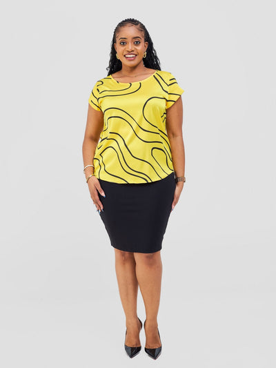Vivo Basic Satin Cap Sleeve Top - Yellow / Black Hini Print - Shopzetu