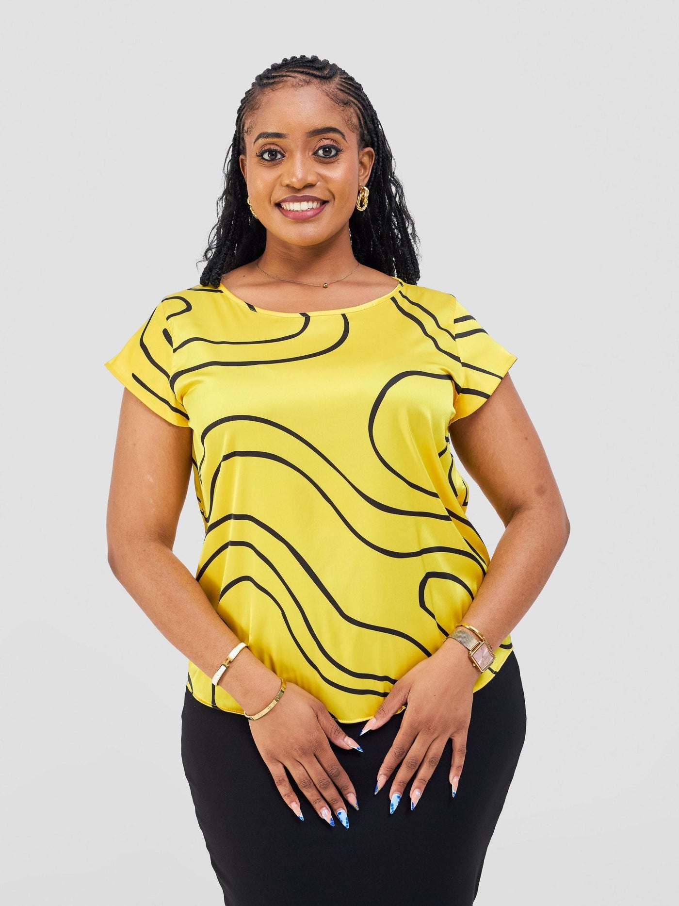 Vivo Basic Satin Cap Sleeve Top - Yellow / Black Hini Print - Shopzetu