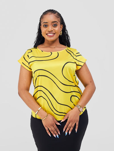 Vivo Basic Satin Cap Sleeve Top - Yellow / Black Hini Print - Shopzetu