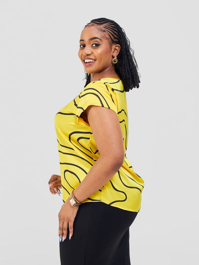 Vivo Basic Satin Cap Sleeve Top - Yellow / Black Hini Print - Shopzetu