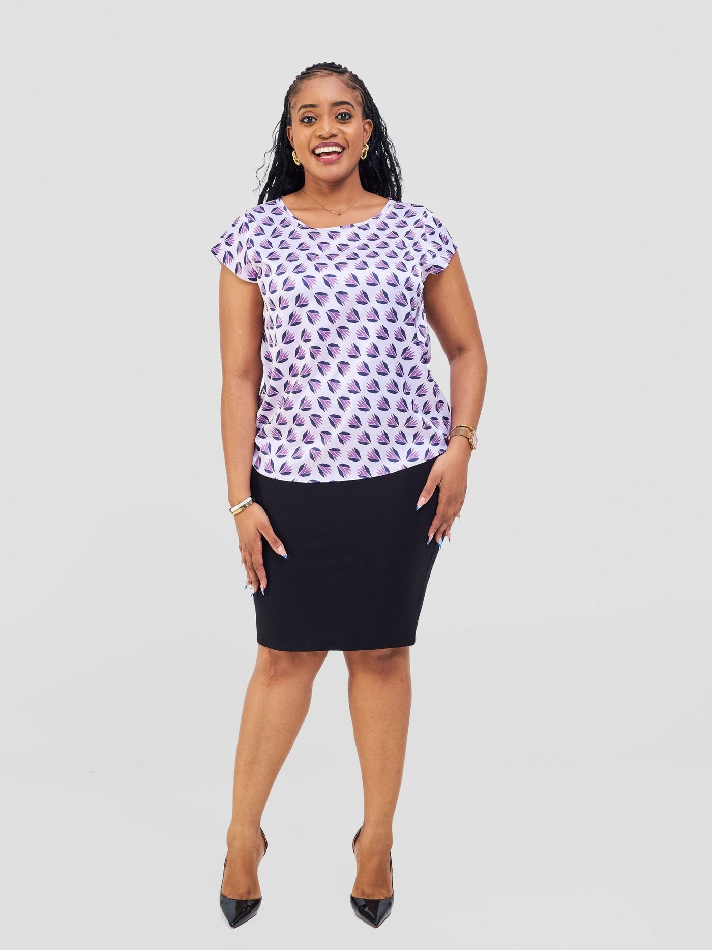 Vivo Basic Satin Cap Sleeve Top - Lilac / Navy Ullu Print - Shopzetu
