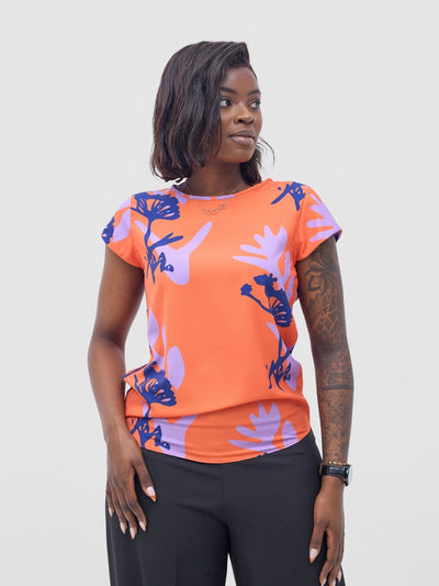 Vivo Basic Crepe Cap Sleeved Top - Orange / Lilac Abasi Print - Shopzetu