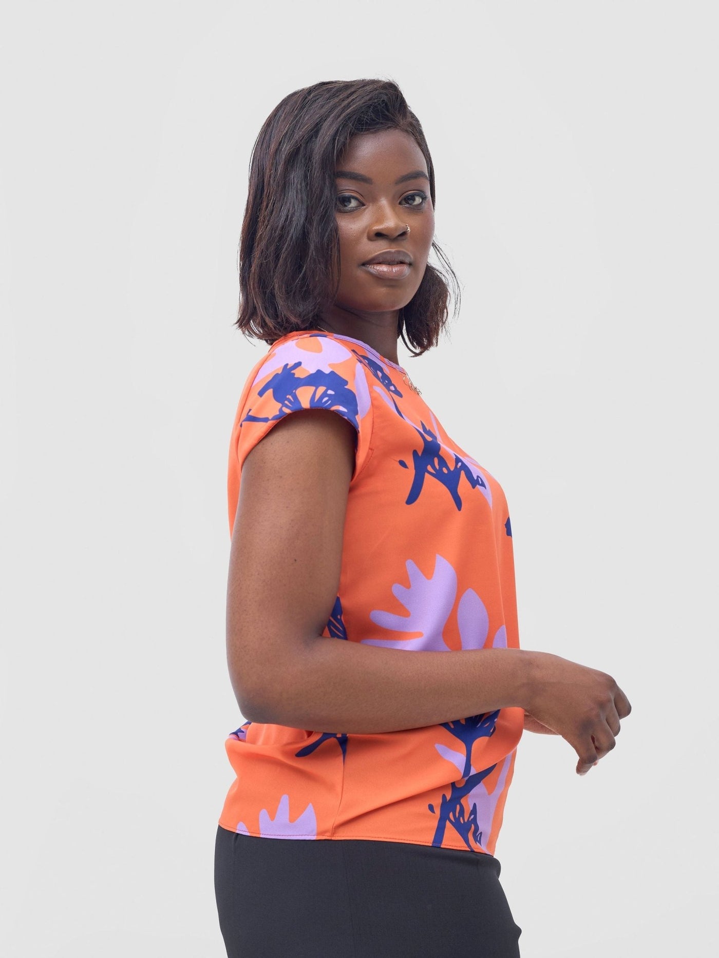 Vivo Basic Crepe Cap Sleeved Top - Orange / Lilac Abasi Print - Shopzetu