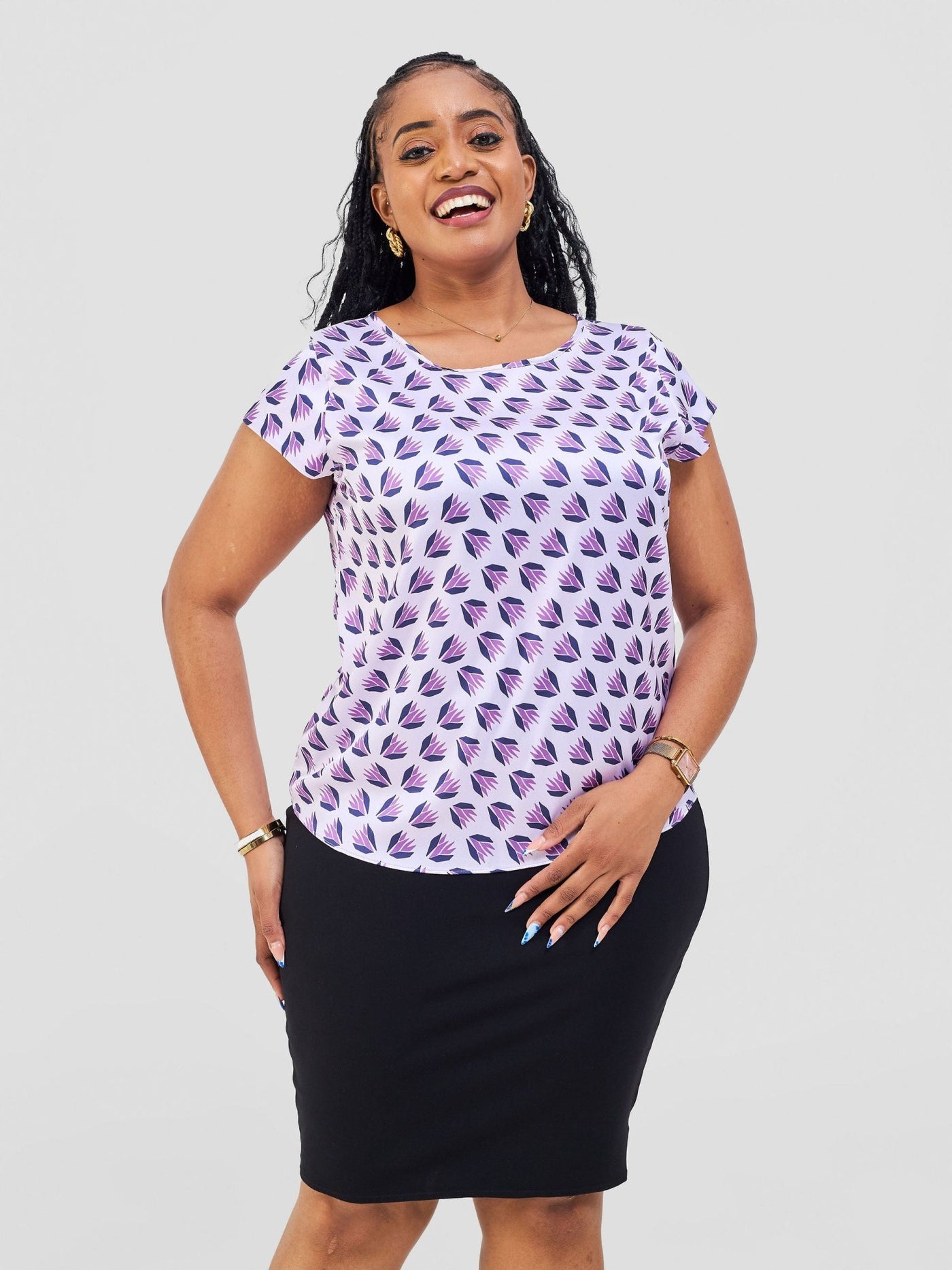Vivo Basic Satin Cap Sleeve Top - Lilac / Navy Ullu Print - Shopzetu