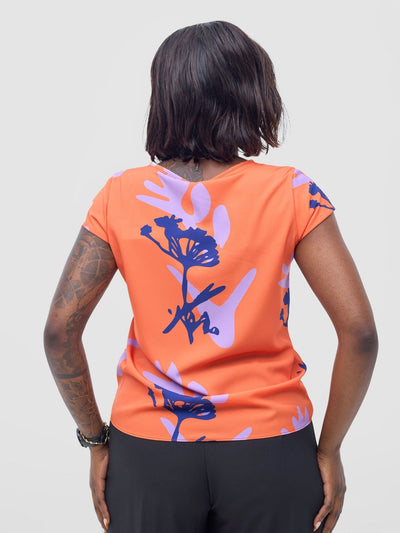Vivo Basic Crepe Cap Sleeved Top - Orange / Lilac Abasi Print - Shopzetu