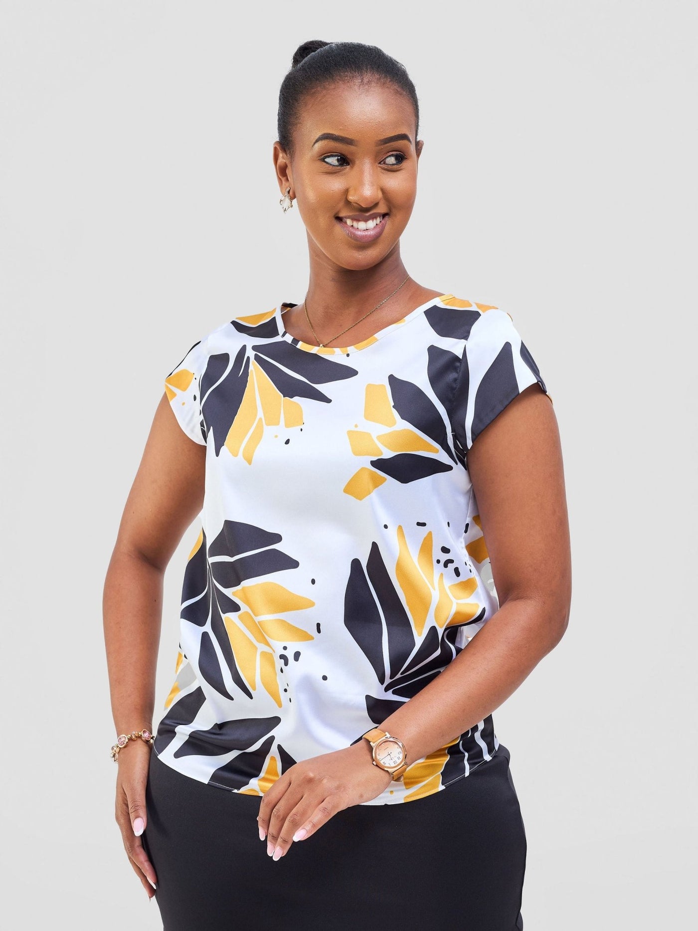 Vivo Basic Satin Cap Sleeve Top - White / Mustard Tullu Print - Shopzetu