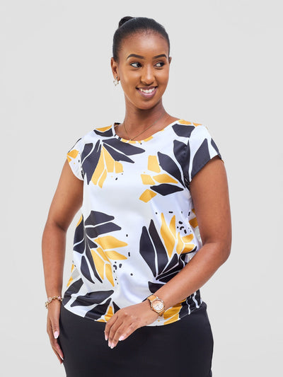 Vivo Basic Satin Cap Sleeve Top - White / Mustard Tullu Print - Shopzetu