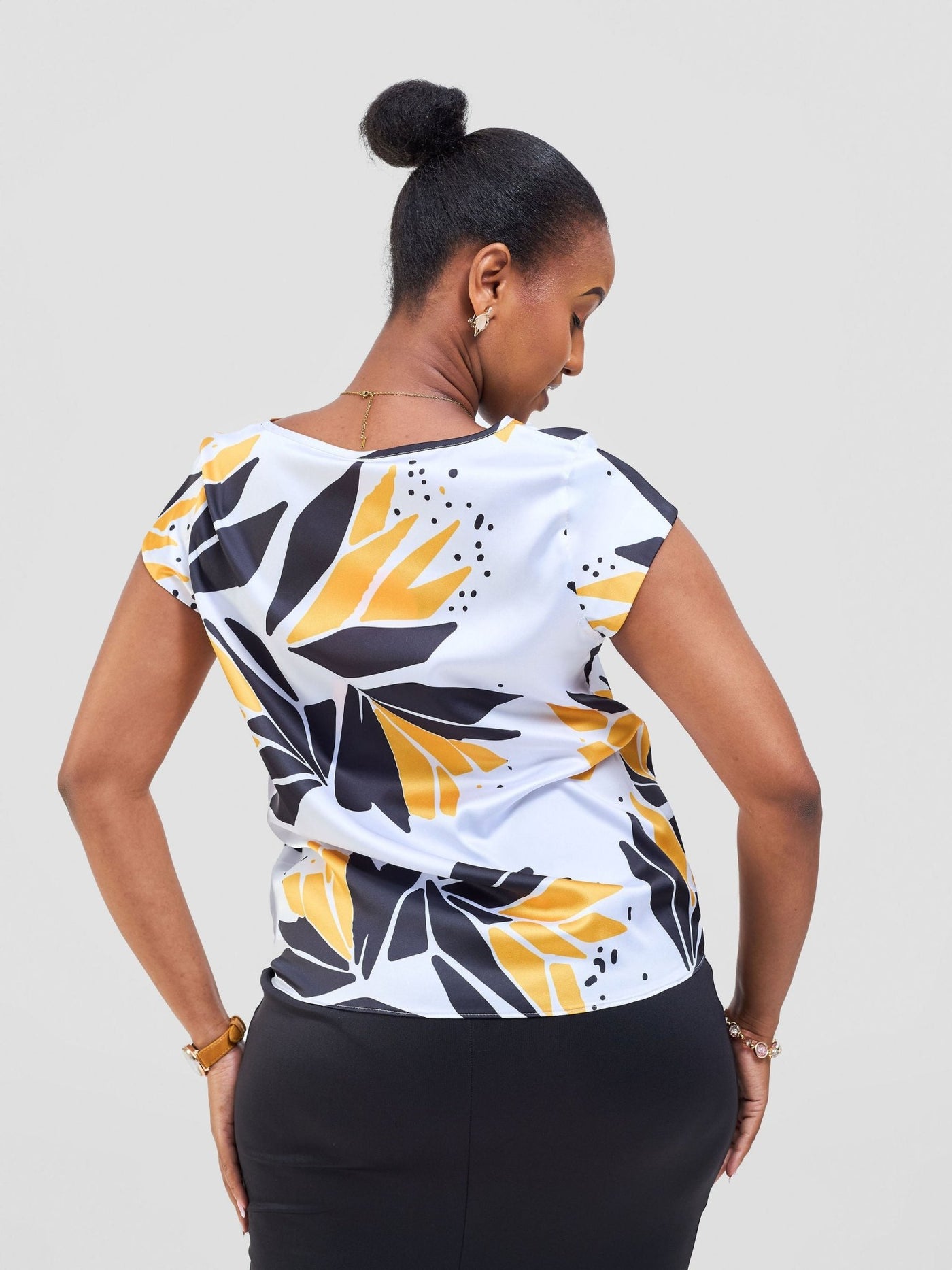 Vivo Basic Satin Cap Sleeve Top - White / Mustard Tullu Print - Shopzetu
