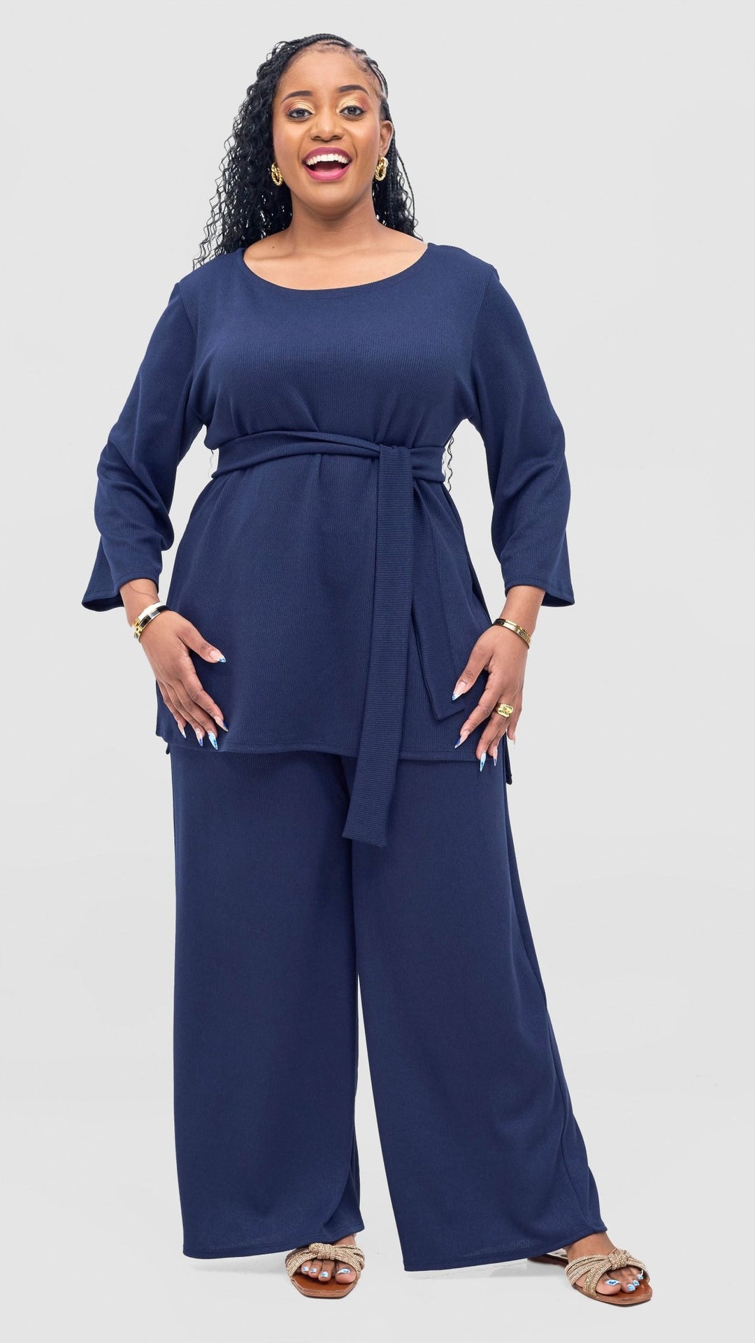 Vivo Rema 3/4 Sleeve Side Slit Tunic Top - Navy - Shopzetu