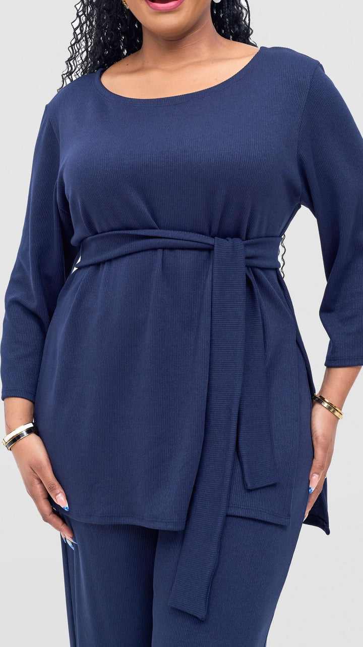 Vivo Rema 3/4 Sleeve Side Slit Tunic Top - Navy - Shopzetu
