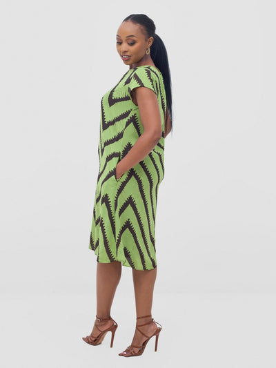 Vivo Sierra Cap Sleeve Tent Chiffon Dress - Olive / Chocolate Sabi Print - Shopzetu