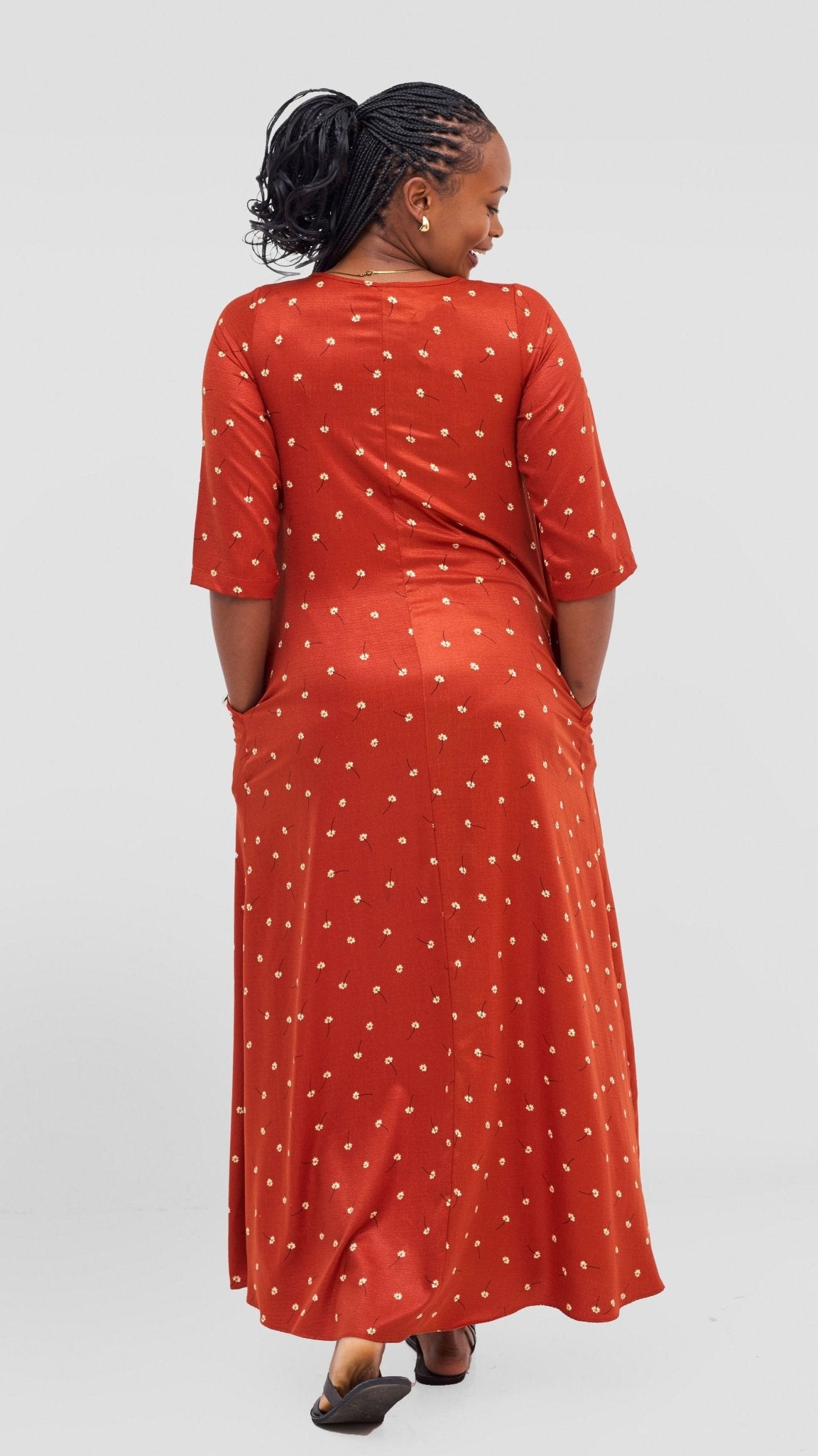 Vivo Maisha 3/4 Sleeve Maxi Dress - Orange Floral Print - Shopzetu