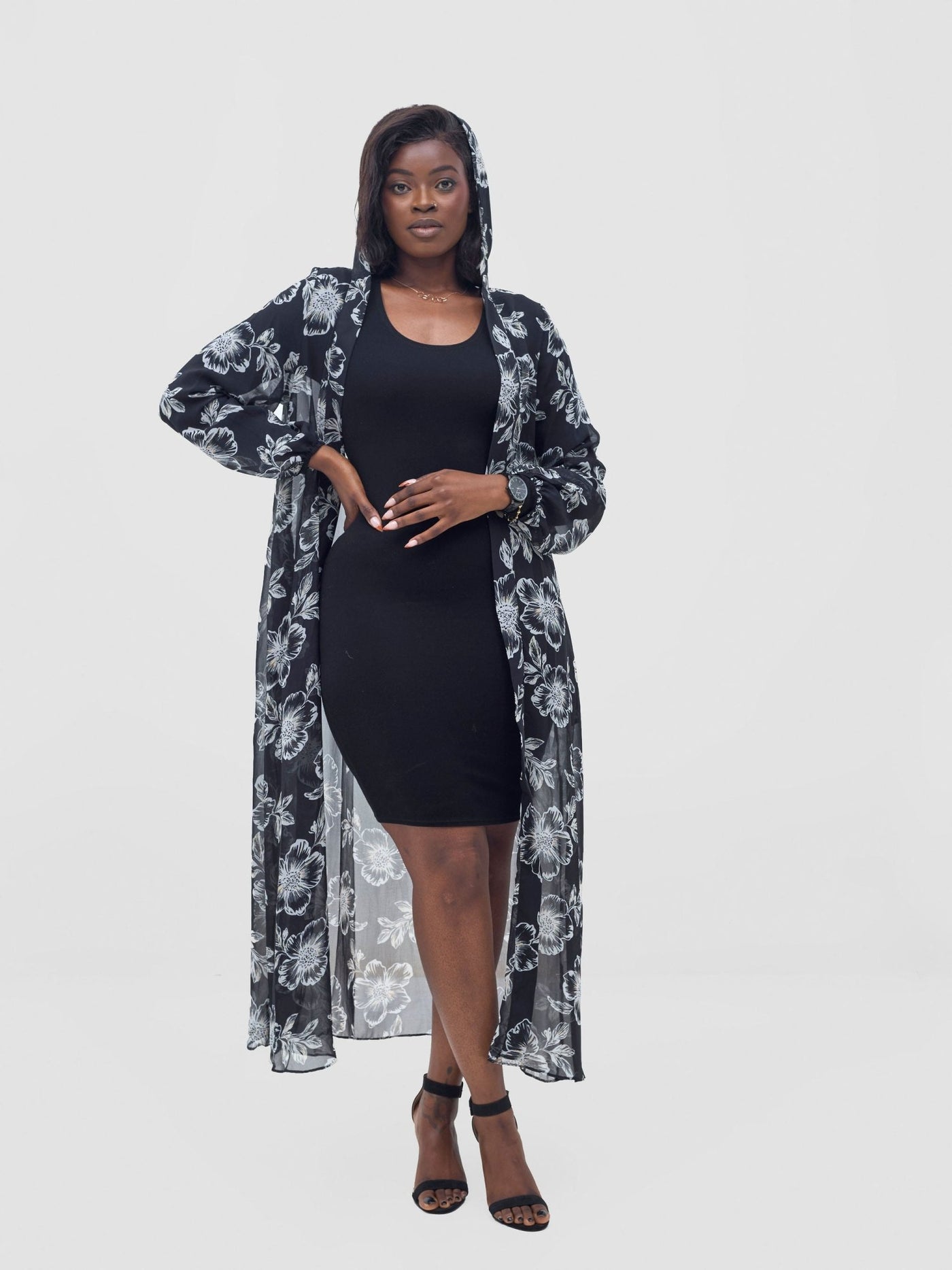 Vivo Basic Hooded Kimono - Black / Yellow Print - Shopzetu