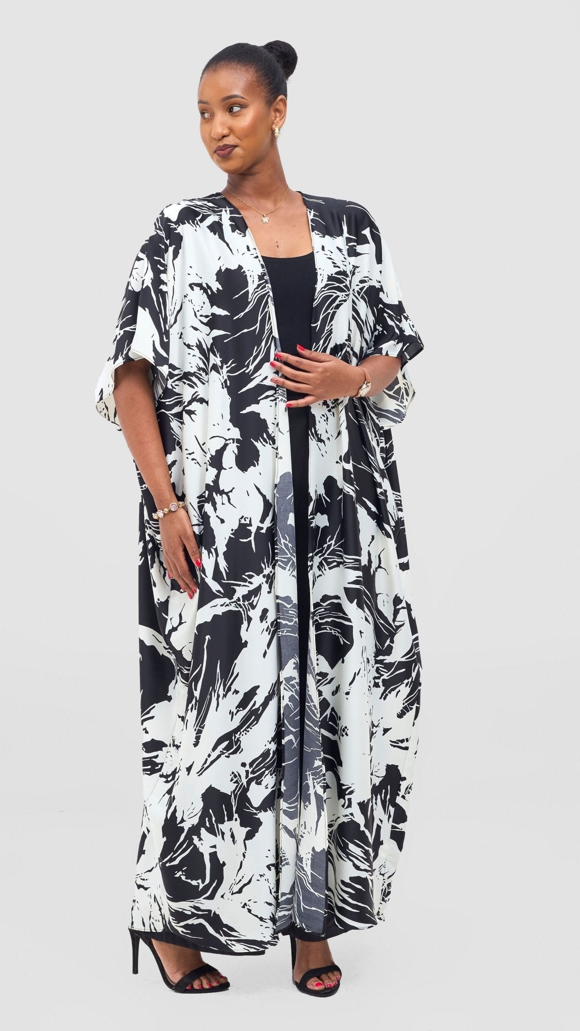 Vivo Keza Wide Satin Kimono - Off - White / Black Print - Shopzetu