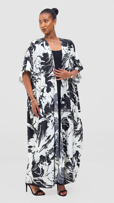 Vivo Keza Wide Satin Kimono - Off - White / Black Print - Shopzetu