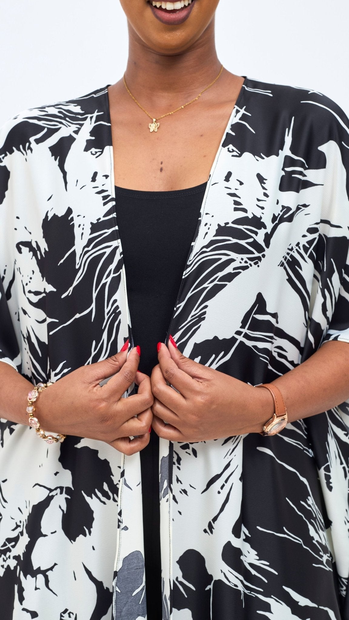 Vivo Keza Wide Satin Kimono - Off - White / Black Print - Shopzetu
