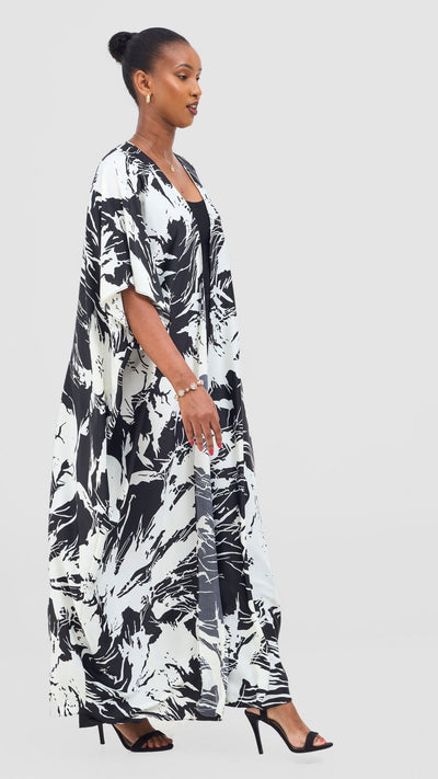 Vivo Keza Wide Satin Kimono - Off - White / Black Print - Shopzetu