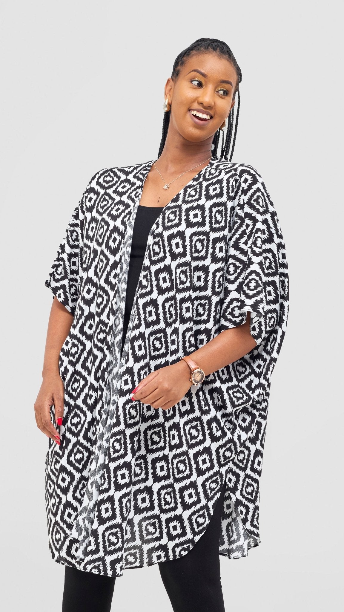 Vivo Samira Wide Kimono - White / Black Print - Shopzetu