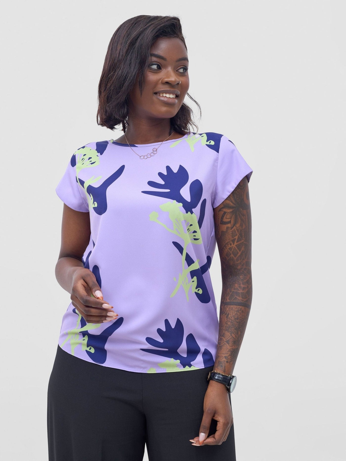 Vivo Basic Crepe Cap Sleeved Top - Lilac / Lime Abasi Print - Shopzetu