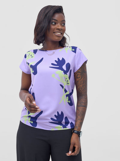 Vivo Basic Crepe Cap Sleeved Top - Lilac / Lime Abasi Print - Shopzetu
