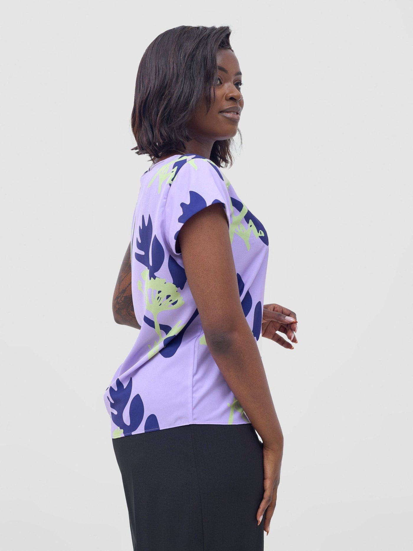 Vivo Basic Crepe Cap Sleeved Top - Lilac / Lime Abasi Print - Shopzetu