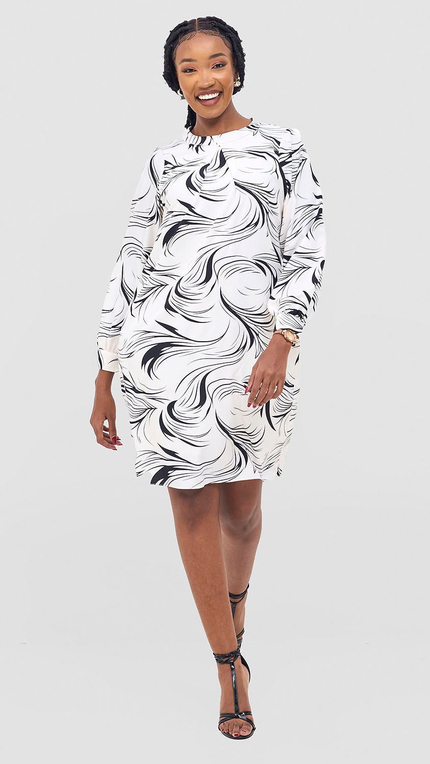 Vivo Chari Shift Dress - White / Black Riah Print - Shopzetu
