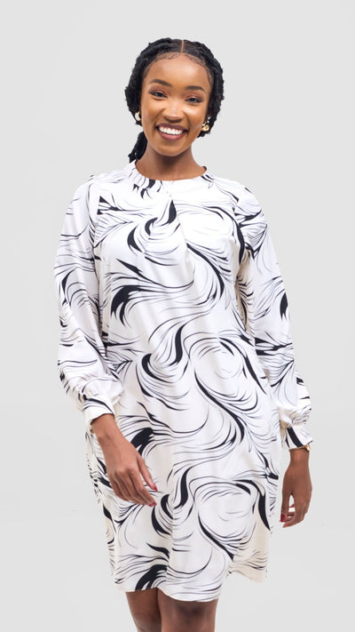 Vivo Chari Shift Dress - White / Black Riah Print - Shopzetu