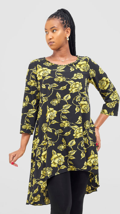 Vivo Maisha 3/4 Sleeve High Low Top - Black / Lime Print - Shopzetu