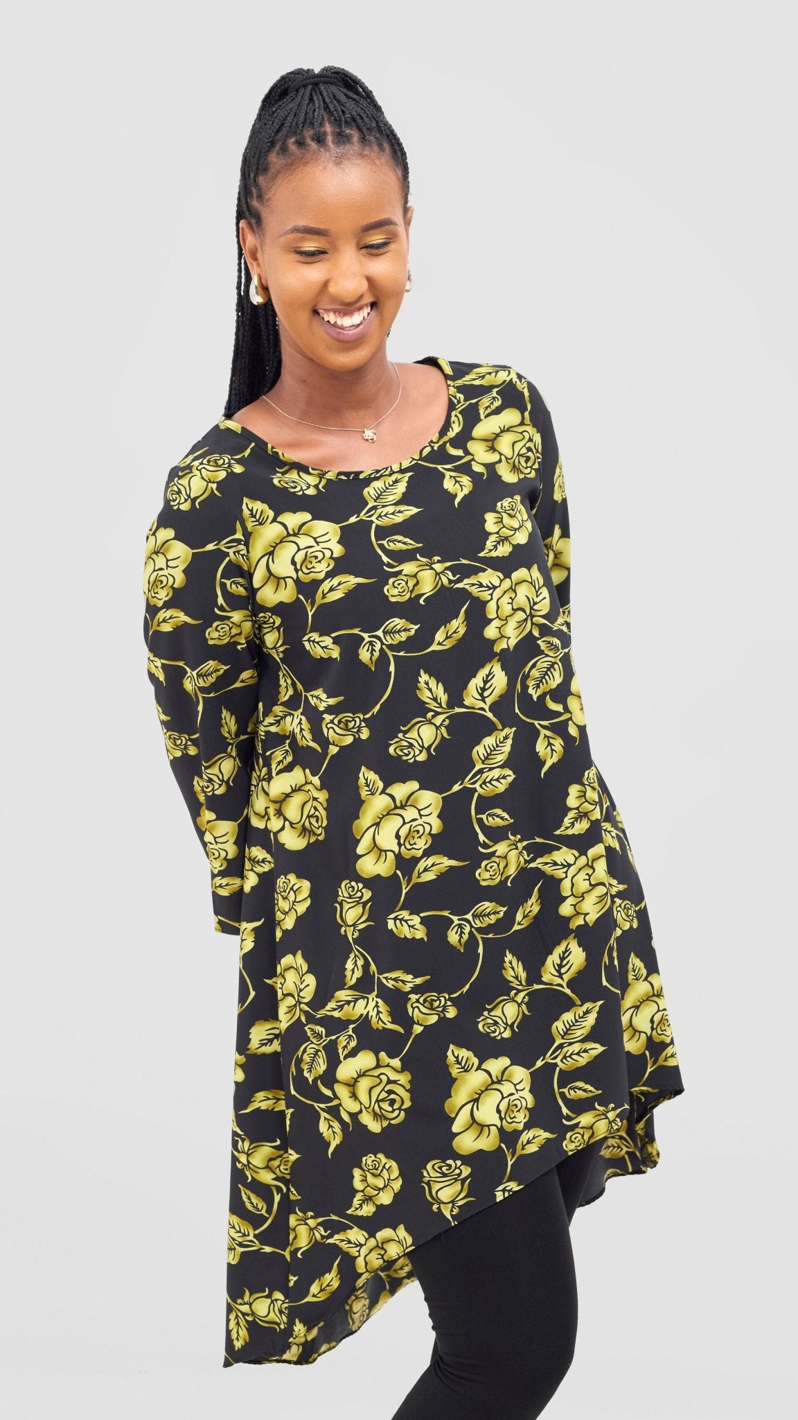 Vivo Maisha 3/4 Sleeve High Low Top - Black / Lime Print - Shopzetu