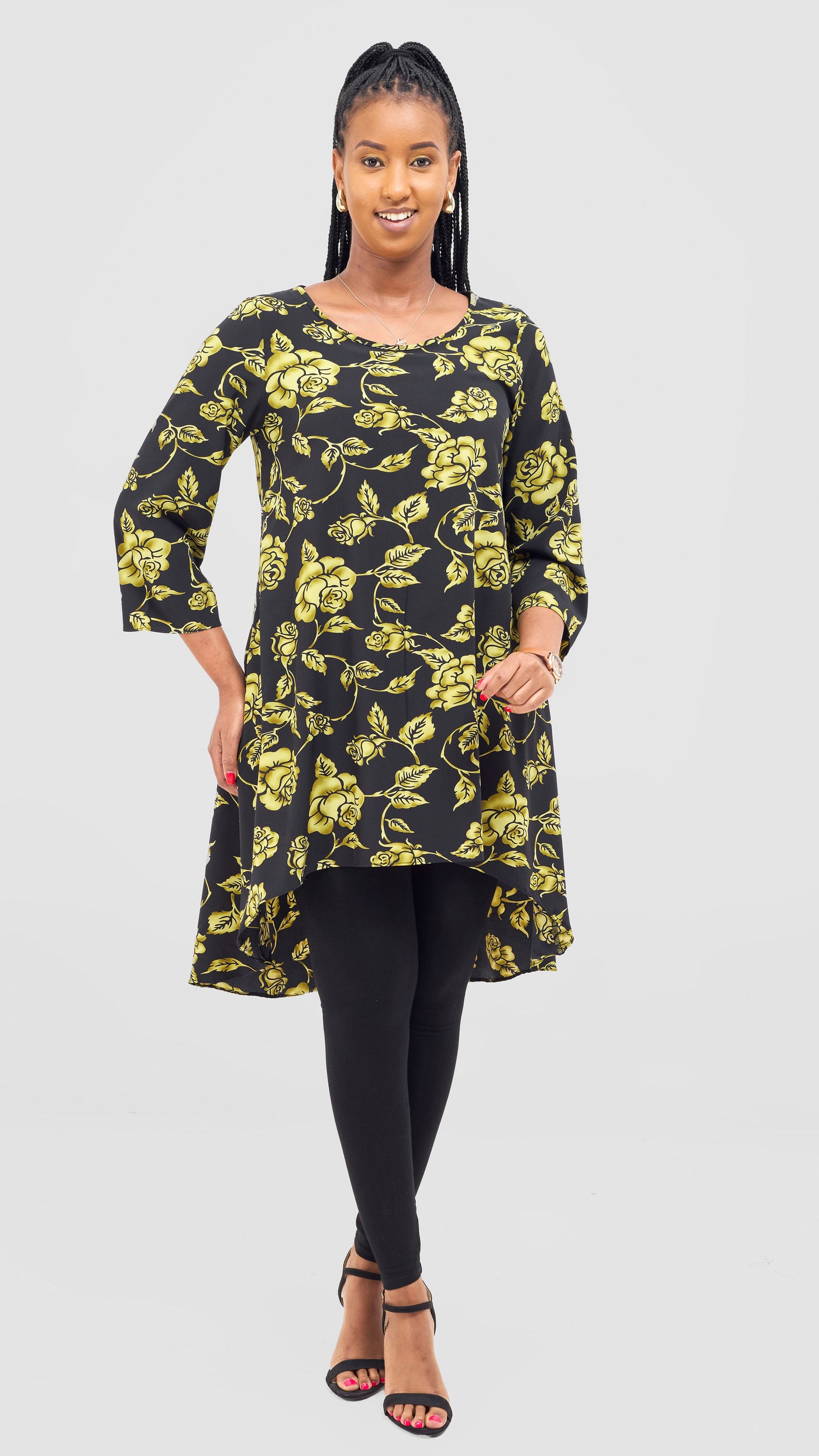 Vivo Maisha 3/4 Sleeve High Low Top - Black / Lime Print
