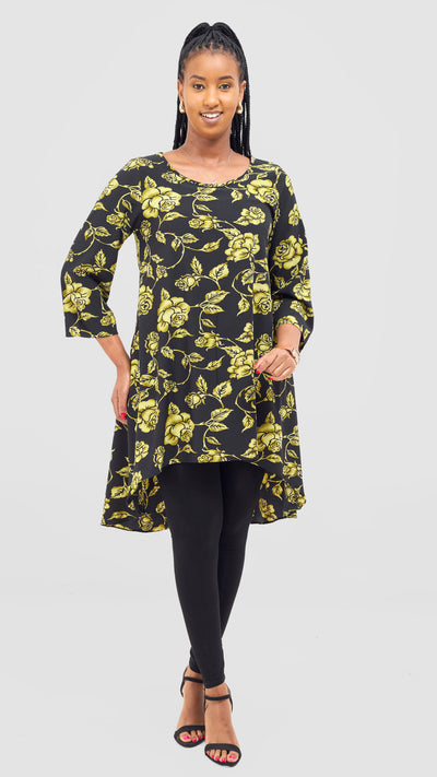 Vivo Maisha 3/4 Sleeve High Low Top - Black / Lime Print
