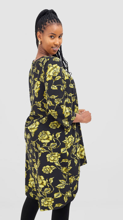 Vivo Maisha 3/4 Sleeve High Low Top - Black / Lime Print - Shopzetu