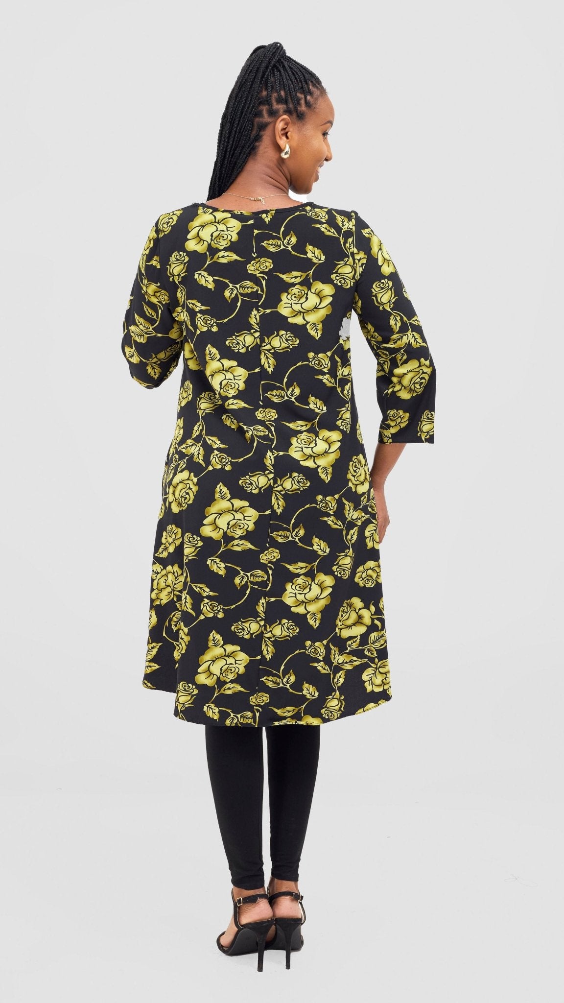 Vivo Maisha 3/4 Sleeve High Low Top - Black / Lime Print - Shopzetu