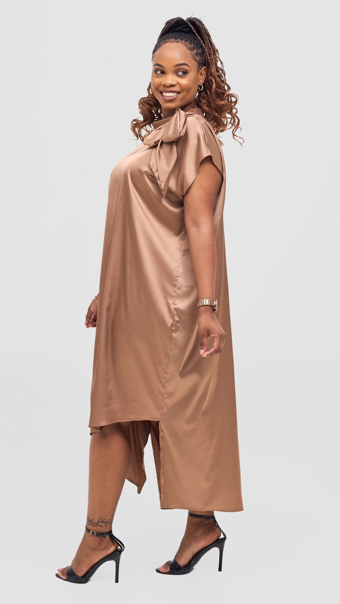 Vivo Takali Asymmetrical Midi Length Kaftan - Brown - Shopzetu