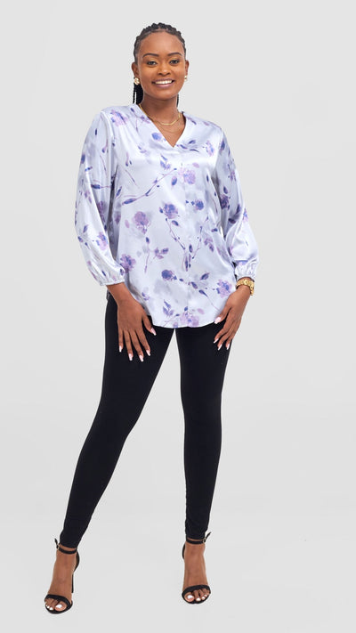 Vivo Dua Satin Bishop Sleeve Top - Blue / Purple Print - Shopzetu
