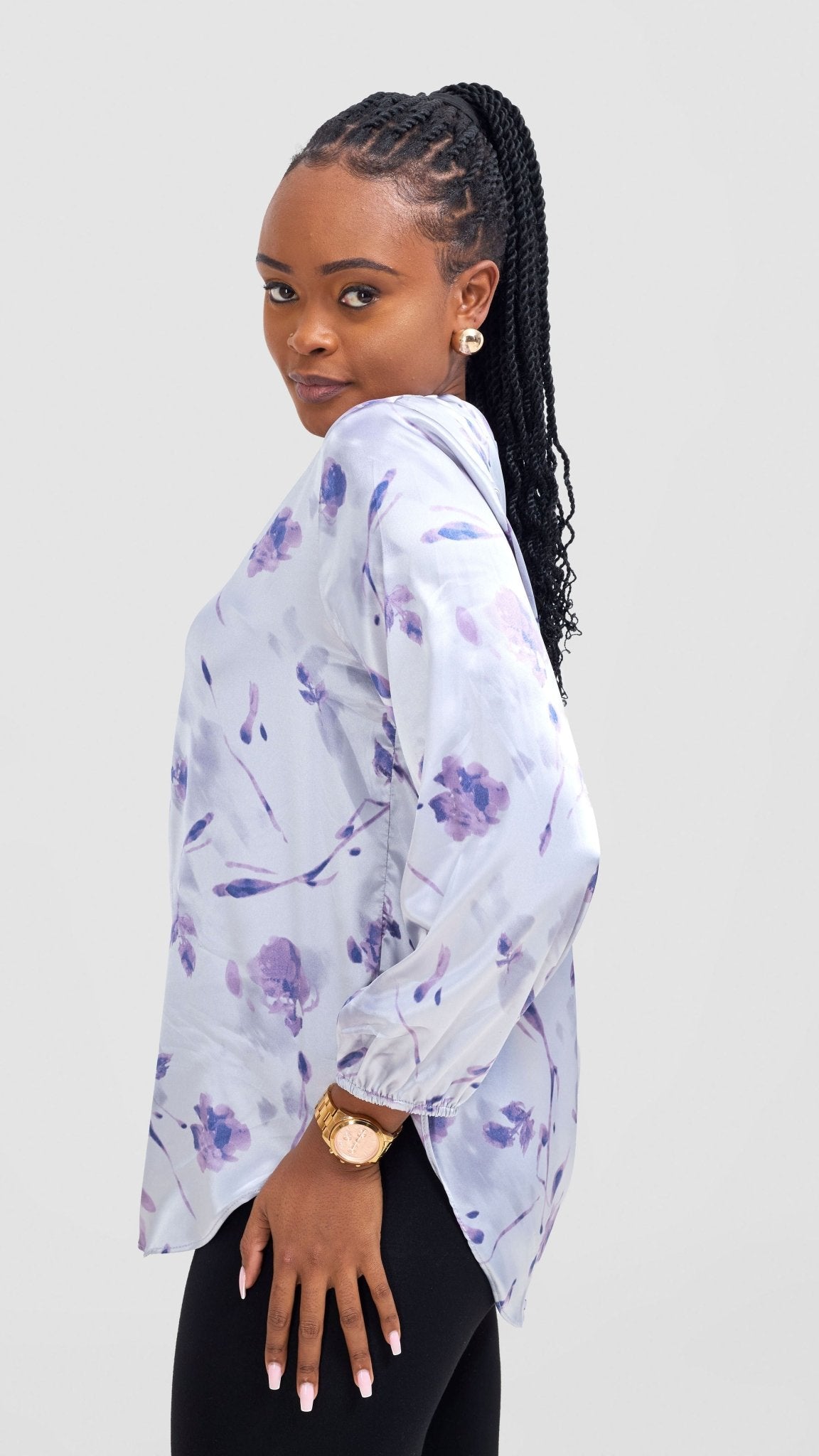 Vivo Dua Satin Bishop Sleeve Top - Blue / Purple Print - Shopzetu