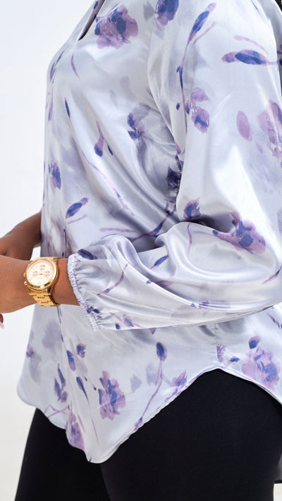 Vivo Dua Satin Bishop Sleeve Top - Blue / Purple Print - Shopzetu